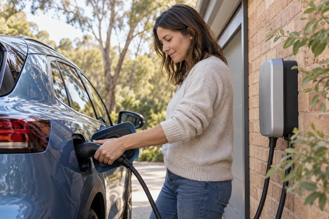 A driver plugging an electric car into a home charger beside a brick garage.