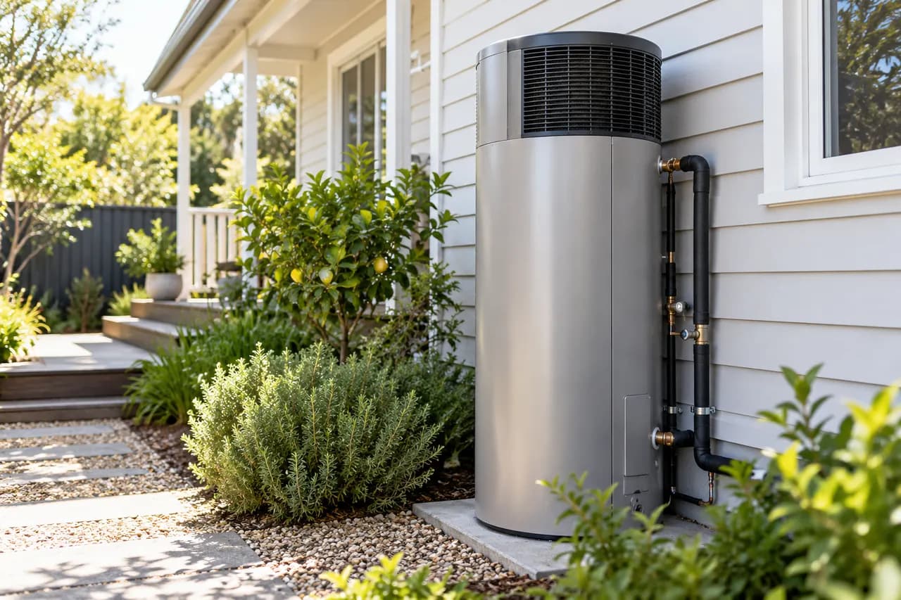 A heat-pump hot-water system installed beside a home