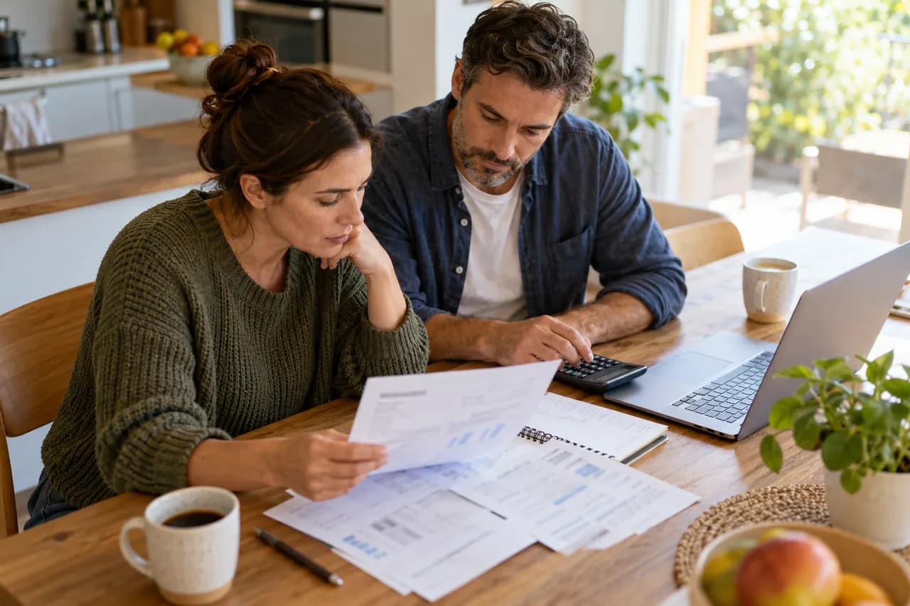 Two adults comparing a paper statement, calculator and laptop at a kitchen table.