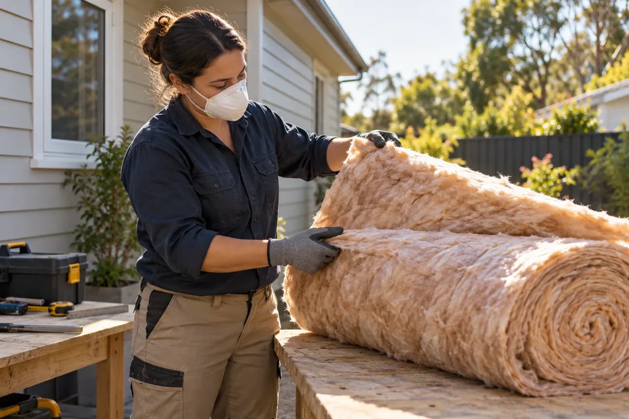 A tradesperson checking a roll of insulation safely at ground level.