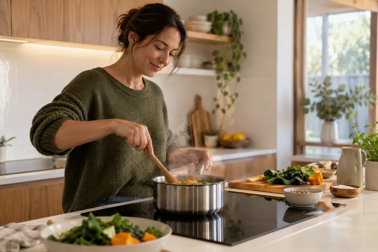 An adult cooking on an induction cooktop in a bright kitchen.