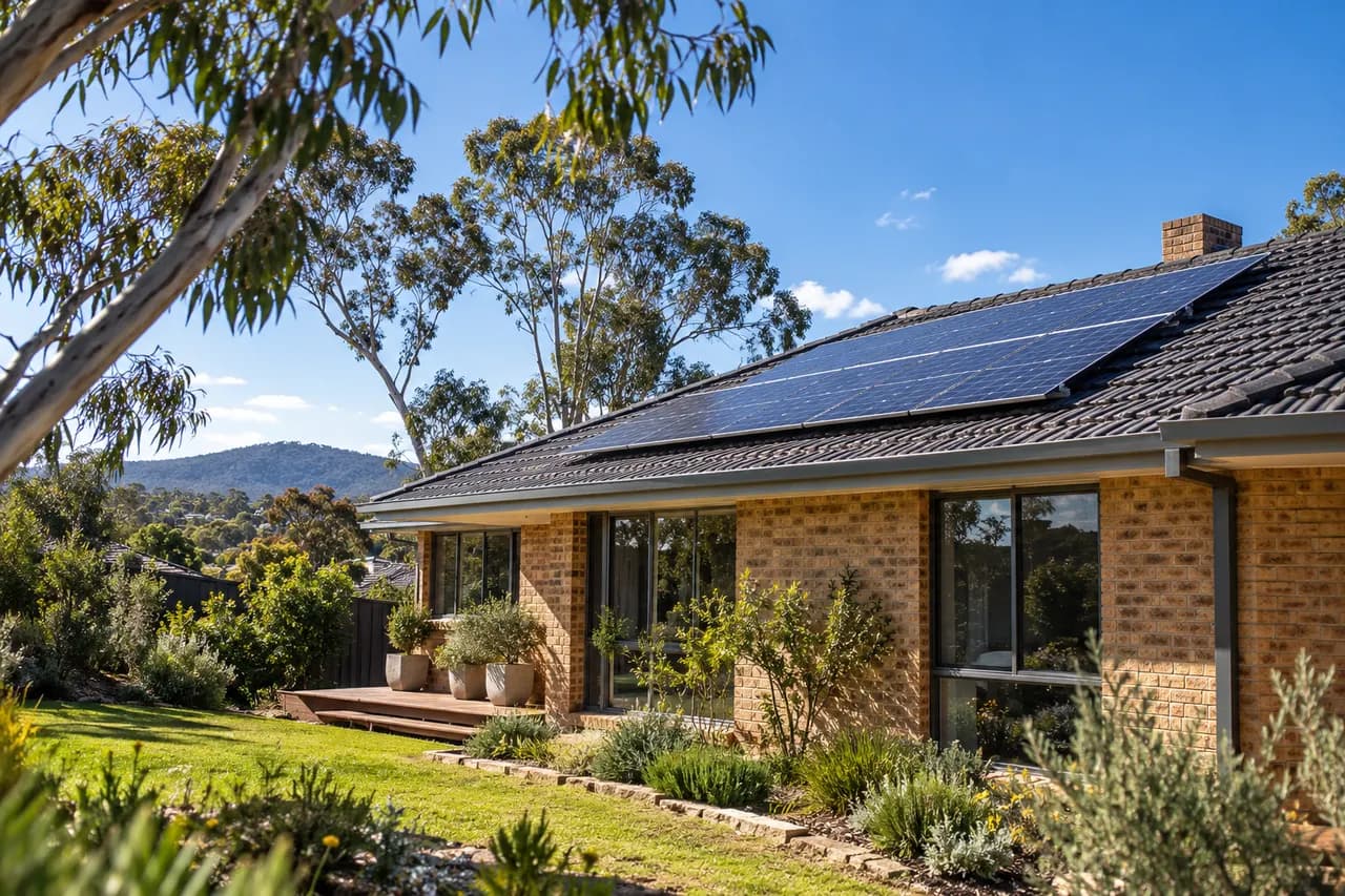 A brick home with rooftop solar and eucalyptus trees