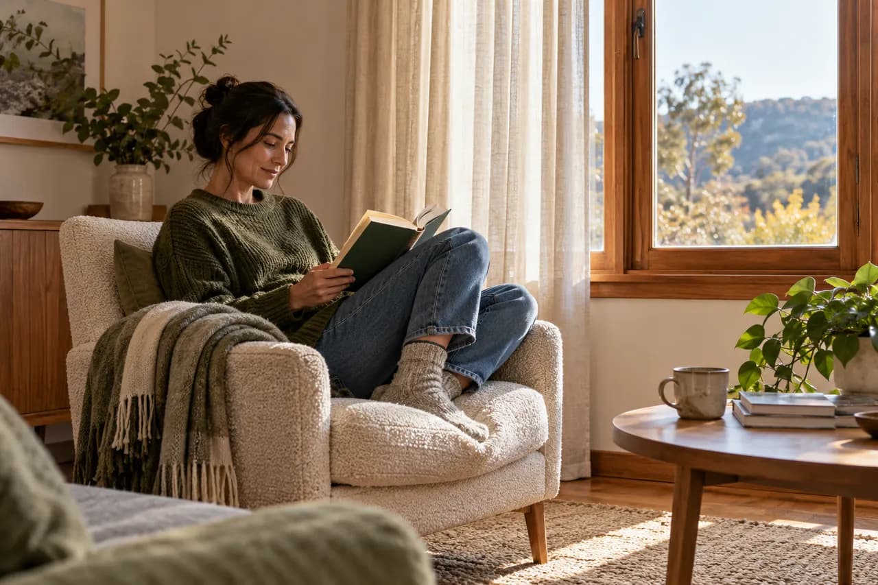A reader beside a curtained window in a sunlit room